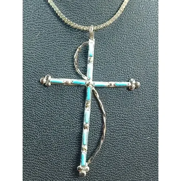 Vintage 925 Turquoise Cross & Chain Native American Southwestern Beauty Necklace - Picture 15 of 16